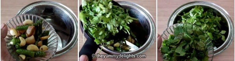 preparing the green paste for making hariyali chicken