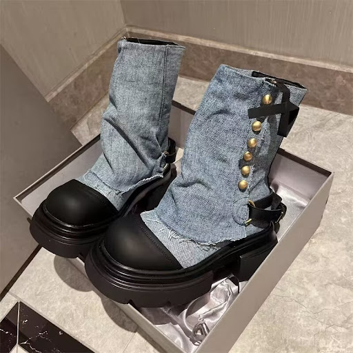 Title 5, Womens Denim Ankle Boots with Metal Buckle, Ro...