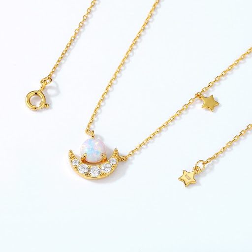 Title 5, Synthetic Opal Star Moon 925 Silver Necklace of...