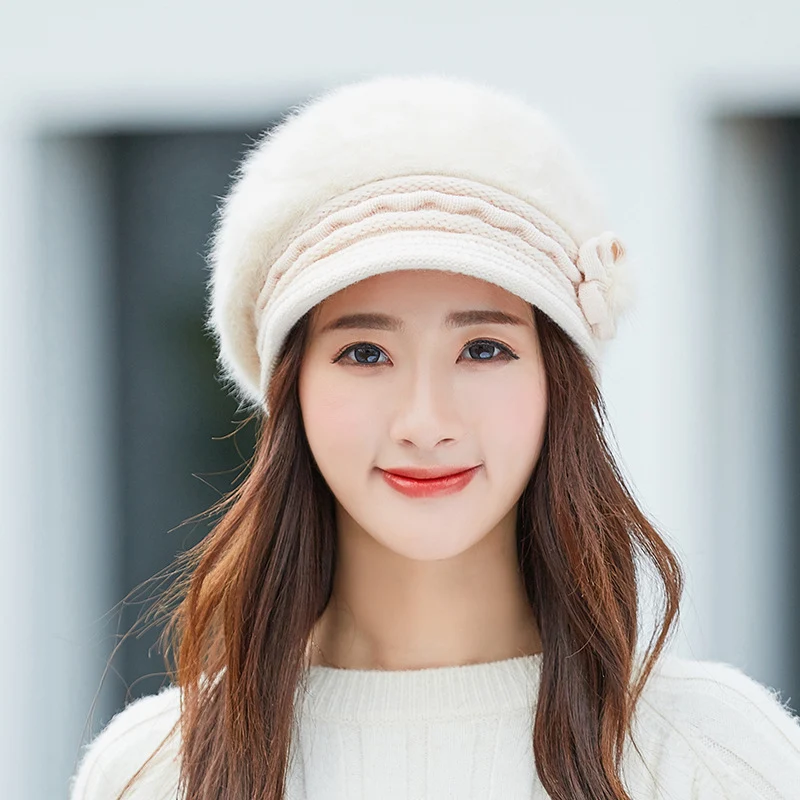 Chapeau d'hiver en laine tricoté chaud en fourrure de lapin pour femme