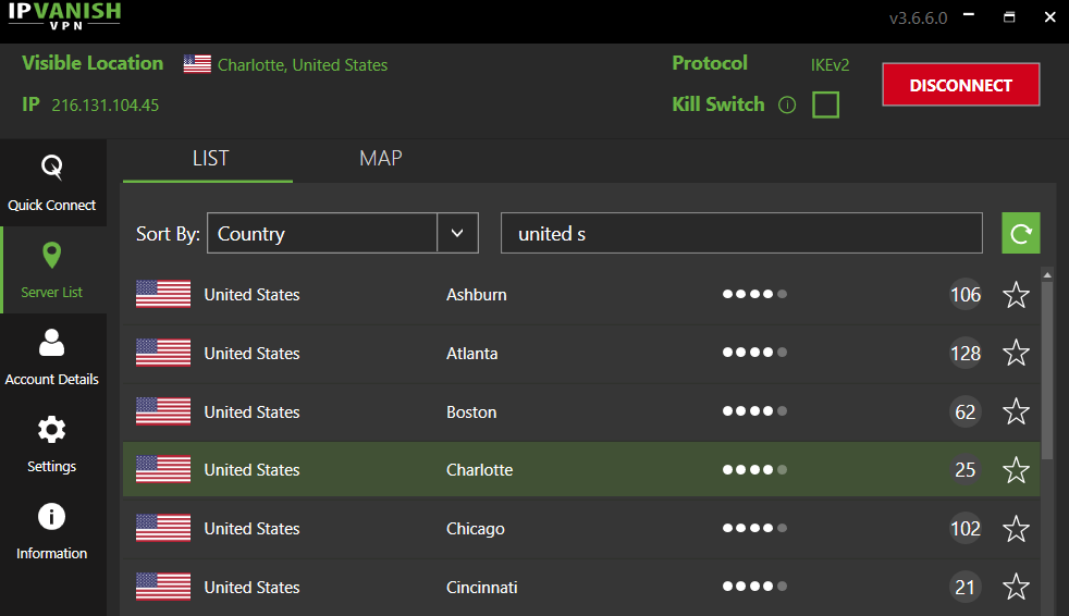 IPVanish windows app connected to the United States
