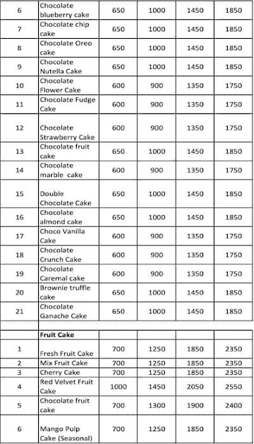 Cake 24X7 menu 