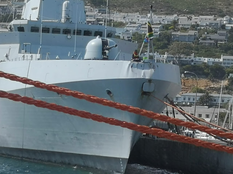 The damaged bow of the SAS Spioenkop after it collided with SAS Drakensberg while attempting to moor