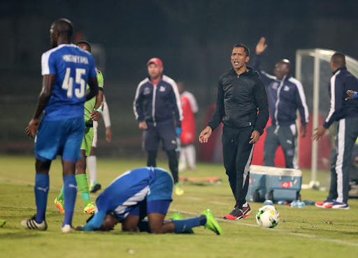 Maritzburg United caretaker coach Fadlu Davids barks out instructions to his during the Absa Premiership match against Platinum Stars at Harry Gwala Stadium on May 10, 2017 in Durban, South Africa.