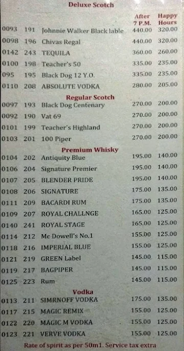 Regal Bar menu 