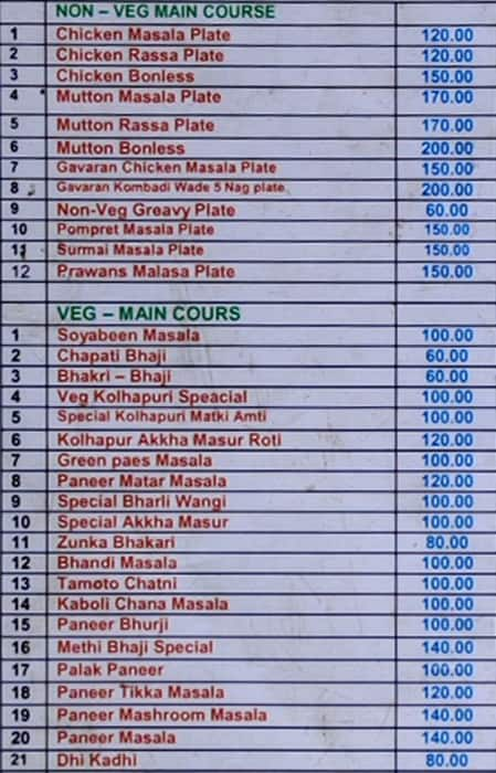 Kolhapuri Thaska menu 