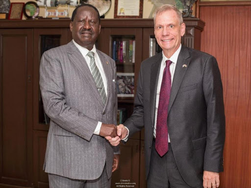 NASA leader Raila Odinga and US Ambassador Robert Godec in his office on Wednesday, March 21, 2018. /EVANS OUMA