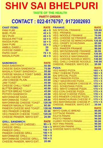 Shiv Sai Bhelpuri menu 