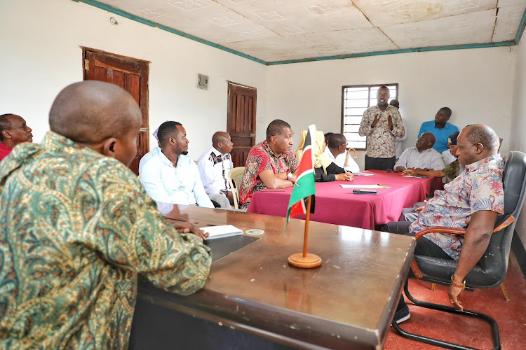 Interior Cabinet Secretary Kithure Kindiki duirng a consultative meeting with Tana River County leadership team led by Governor Godhana Dhadho and Senator Danson Mungatana at Galledyertu Sub-County, Tana River on September 20, 2023