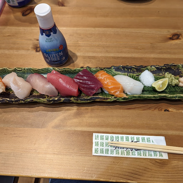 GF sushi platter and gifted soy sauce