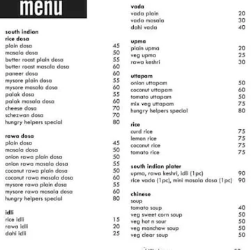 Hungry Helpers menu 