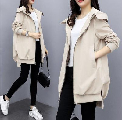 Title 4, Loose Casual Hooded Mid-Length Trench Coat, off...