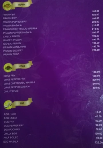 Karaikudi Chettinadu Mess menu 