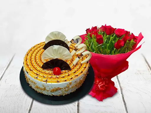 Butterscotch Cake With 10 Red Rose Bunch