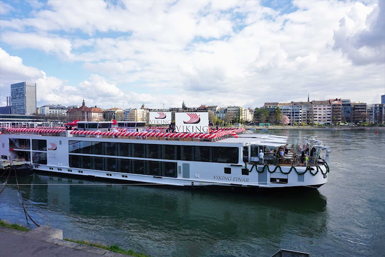 Viking Einar in Basel, Switzerland, as preparations are made for the ship's christening.