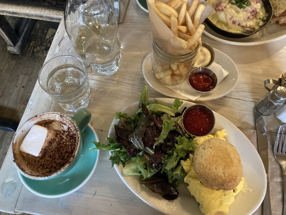 Biscuit with eggs and greens, peppermint mocha, fries