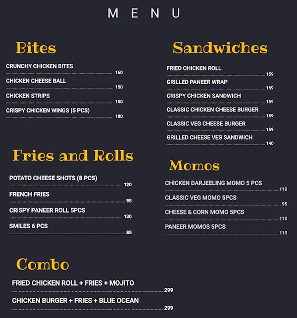 Club & Bites menu 