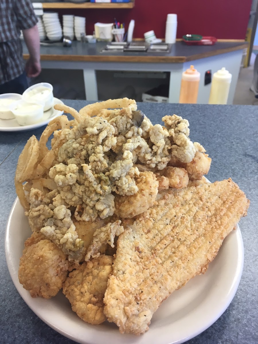 GLuten free Seafood platter with hand cut gluten free onion rings!