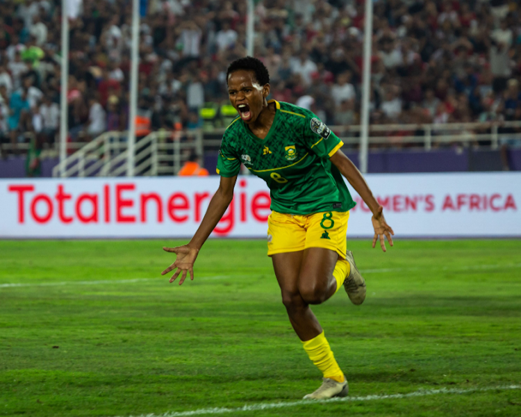 Banyana Banyana star Hildah Magaia celebrates a goal during the 2022 Women's Africa Cup of Nations final match against Morocco at Prince Moulay Abdellah Stadium on July 23 2022 in Rabat, Morocco.
