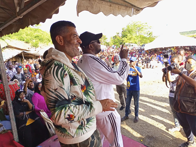 Mvita MP Abdulswamad Nassir and his Jomvu counterpart Badi Twalib at Mkupe in Jomvu on Sunday.