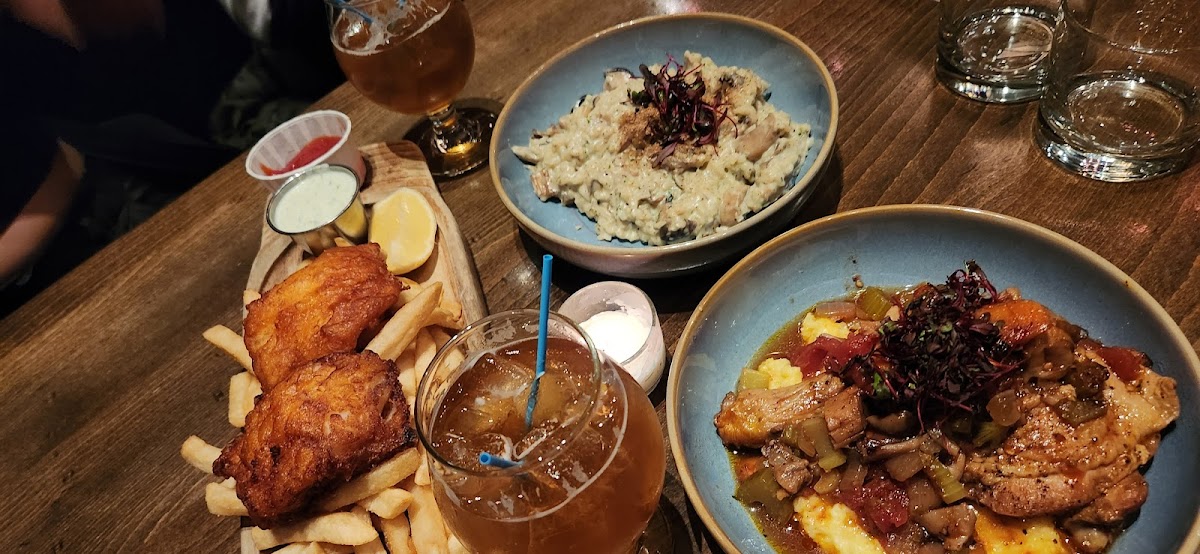 Fish and chips,  chicken cacciatore and mushroom risotto