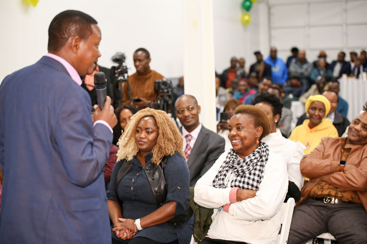 Foreign and diaspora affairs CS Alfred Mutua address Kenyans living in the US during a forum in Seattle, Washington/FILE