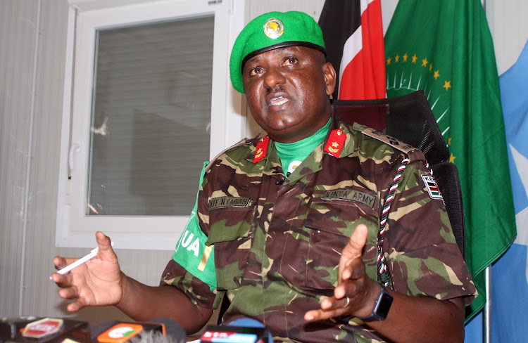 Amisom sector II commander Brigadier Jeff Nyagah addresses journalists at sector II headquarters in Dhobley Foward Operating Base, Lower Juba, Somalia on October 5.