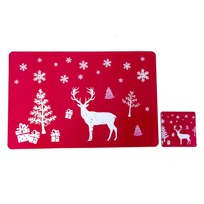 Jogo Americano e Porta-Copos de Natal Criativos PVC Estampados, 6 Peças Cada, Decoração de Festas