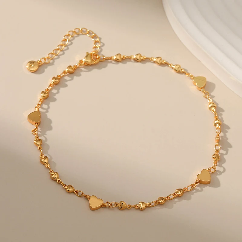 18K Echt Gouden Solid Hart Design Enkelbandje, lief en veelzijdig, voor een charmante en elegante uitstraling, perfect voor elke outfit.