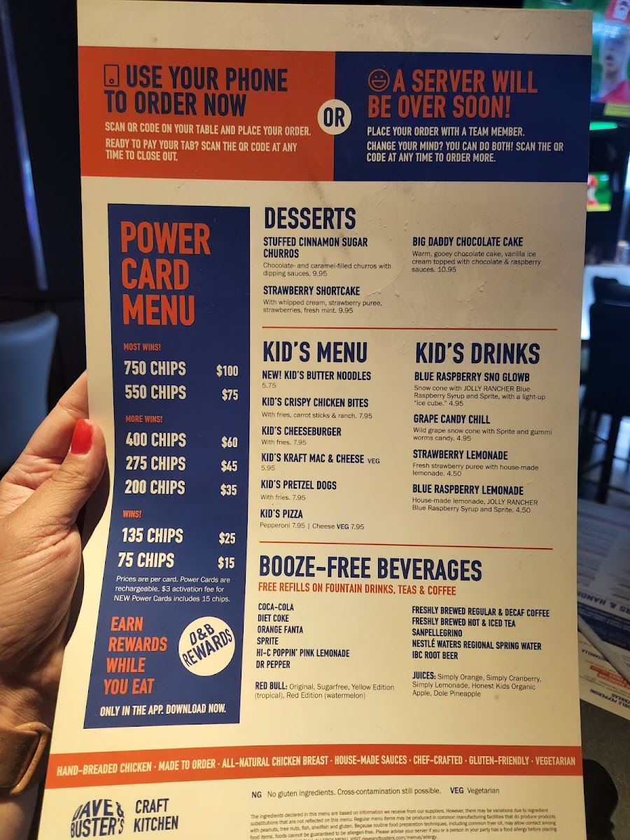 Dave & Buster's gluten-free menu