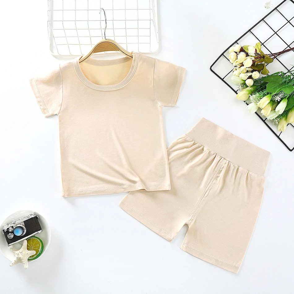 Modal Kinder Korte Mouwen Set Jongens en Meisjes Tweedelige Babykleding Zomerse Ademende en Zachte Set