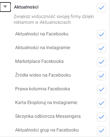 Umiejscowienia reklam na Facebooku - aktualności (screen)