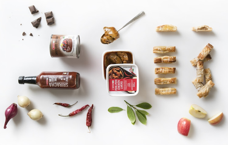 New from Spar, from left: Sriracha sauce, chocolate fantasy, peri-peri chicken livers, custard puffs, and apple and raisin dessert pastries.