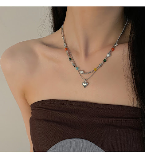Title 8, Color Round Beads Stitching Heart Necklace, a v...