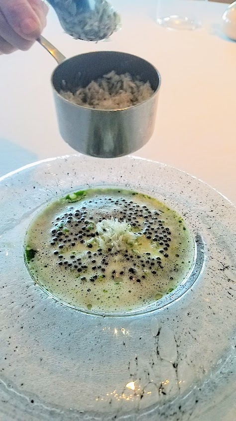 'Marbled' Hake Caviar and Buttermilk course at Geranium, a three Michelin star restaurant in Copenhagen