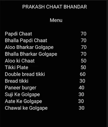Prakash Chaat Bhandar menu 