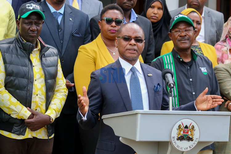 Kilifi Governor Amason Kingi addressing the press during his welcome to Kenya Kwanza after signing a coalition agreement at the Official Residence of the DP in Karen.