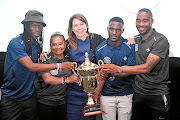 Reneilwe Letsholonyane, Desiree Ellis, Lona Maclean, Mpho Mkhwanazi and Sibusiso Vilakazi  during the launch of Discovery Walter Sisulu Soccer Challenge in Johannesburg yesterday. 