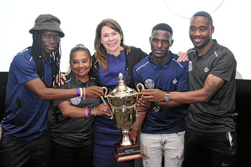 Reneilwe Letsholonyane, Desiree Ellis, Lona Maclean, Mpho Mkhwanazi and Sibusiso Vilakazi during the launch of Discovery Walter Sisulu Soccer Challenge in Johannesburg yesterday.