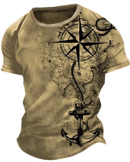 Vintage Men's T-shirt Summer American Shirt Tops Compass ... - 0