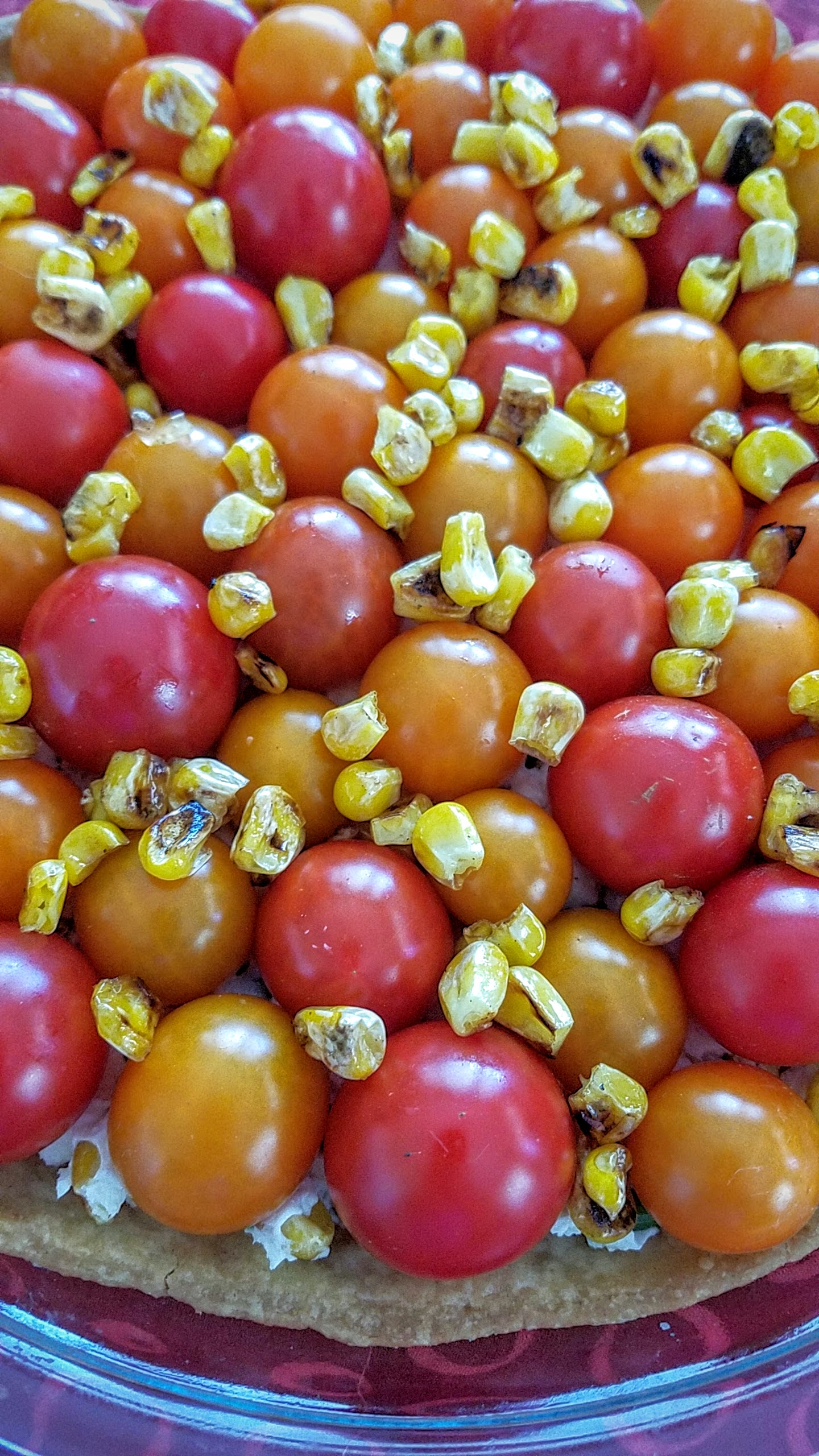 Tomato Pie Recipe with Fresh Cheeses and Uncooked Cherry Tomatoes and (optionally) seared corn to really celebrate the flavors of freshness