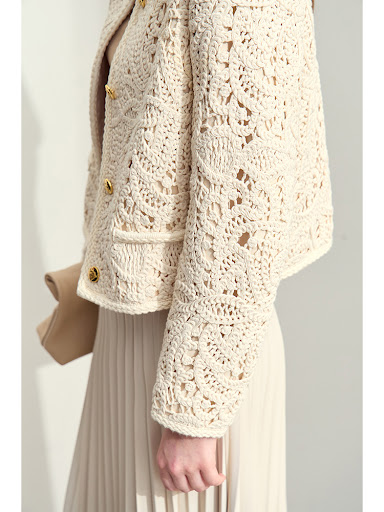 Title 6, Womens round neck crocheted texture coat, loos...