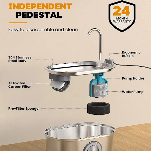 3.2L Pet Water Feeder With Transparent Window Silent Filter With Faucet Stainless Steel Automatic Dog Drinking Fountain