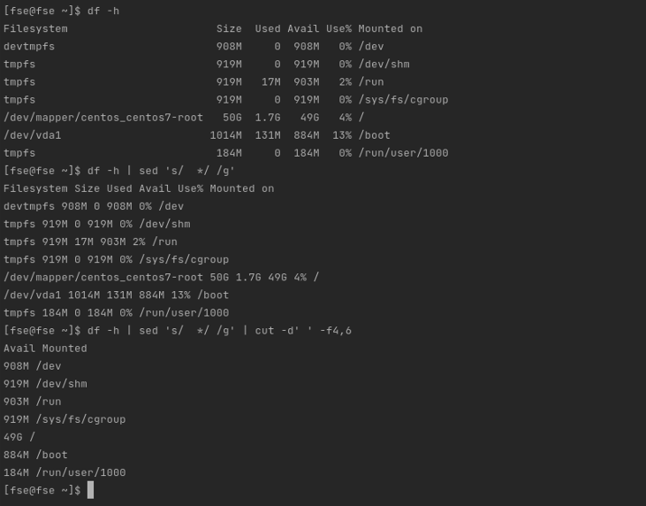 Adapting df -h output with sed to trim the output and adapt it for cut process