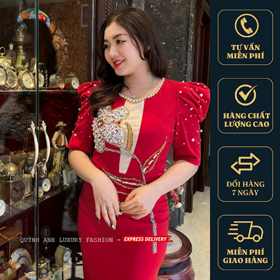 Đầm Suông Dạ Hội Đỏ Dự Tiệc Đính Đá Hoa To Sang Trọng Daria Dress 890