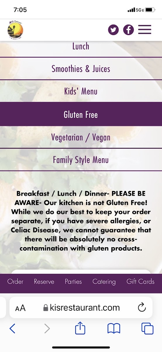 Ki's Restaurant gluten-free menu