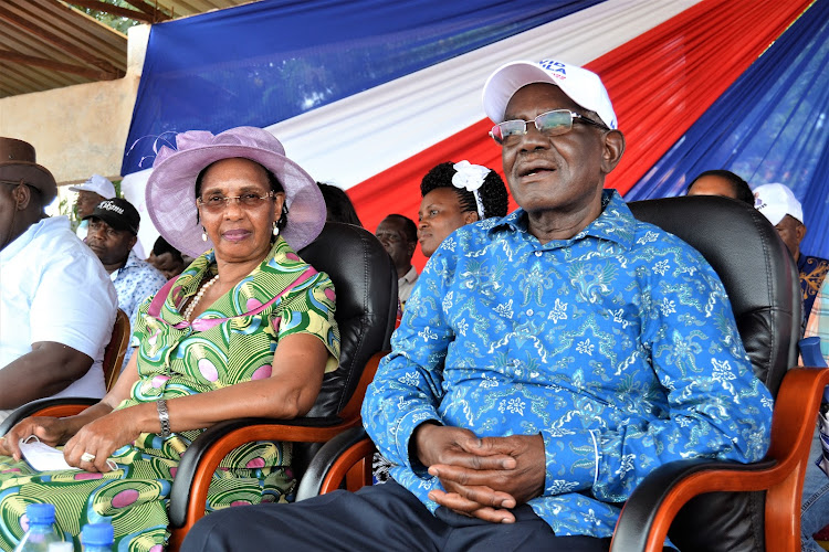 Kitui gubernatorial aspirant David Musila and his wife Beatrice during the launch of his bid and manifesto at Musila gardens, Mwingi on Saturday, March 19.