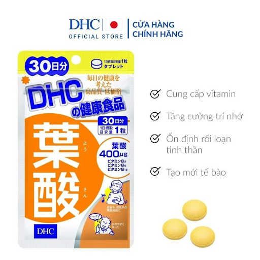 Thực phẩm bảo vệ sức khỏe DHC Folic Acid 30 ngày Bảo vệ và hỗ trợ sự phát triển cho thai nhi: giảm thiểu hội chứng dị tật bẩm sinh, phòng ngừa khiếm khuyết ống thần kinh.