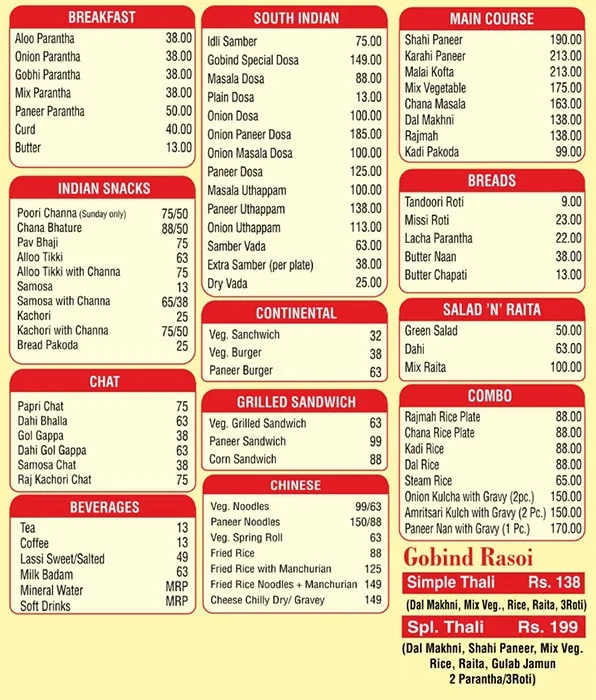 Gobind Dairy & Sweets menu 