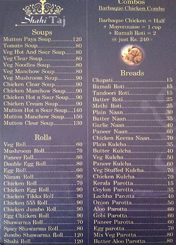 Shahi Taj menu 